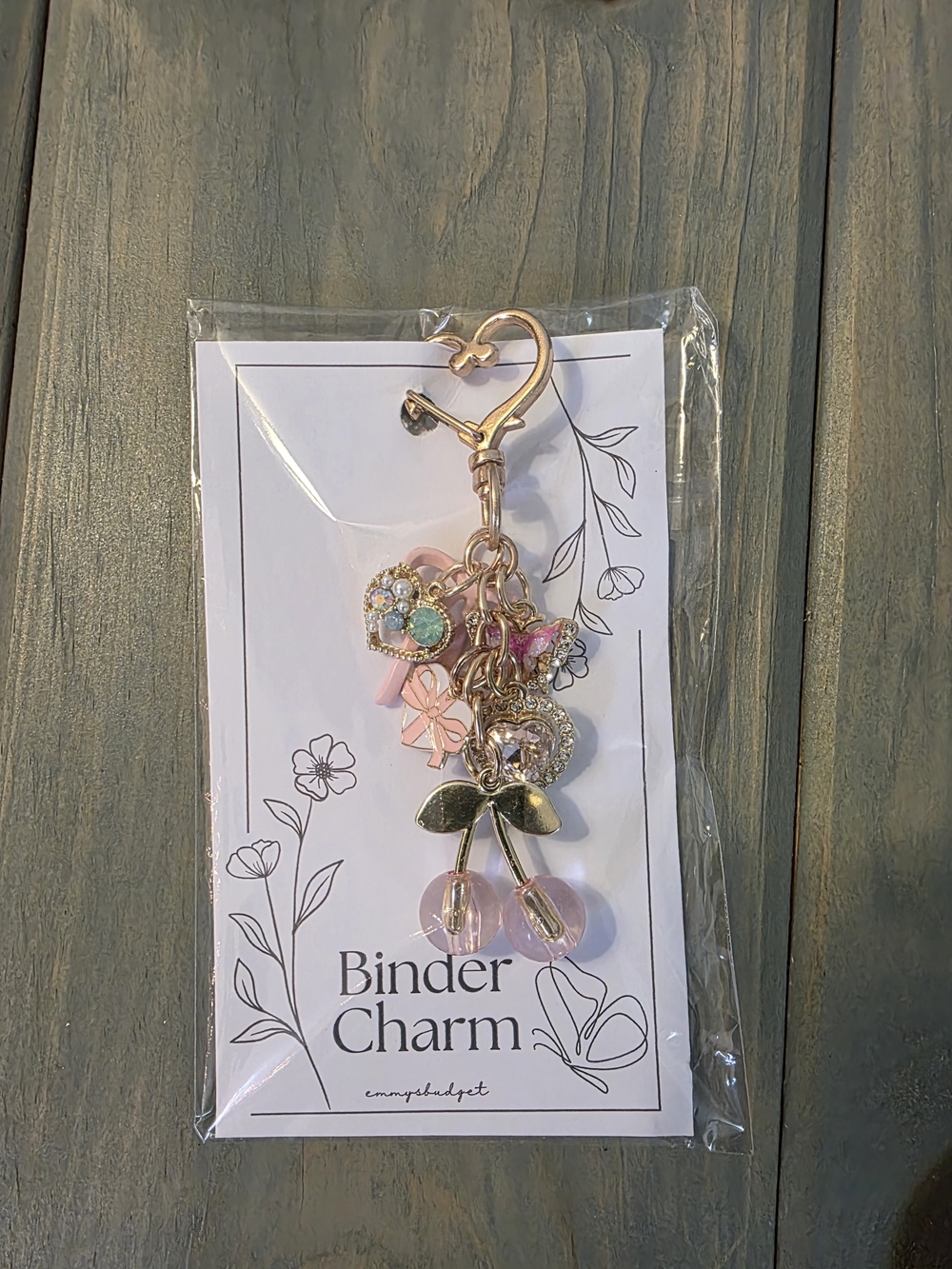 Gold-Tone Pink Cherry Charm Keychain - Binder Charm